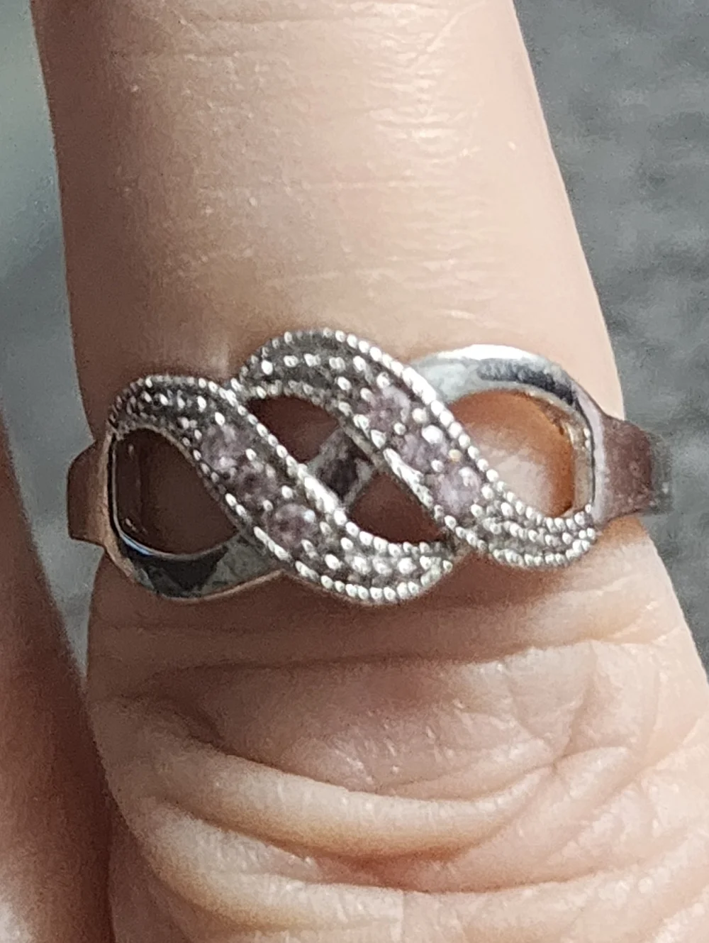 Silvertone Infinity Ring Pink Rhinestones